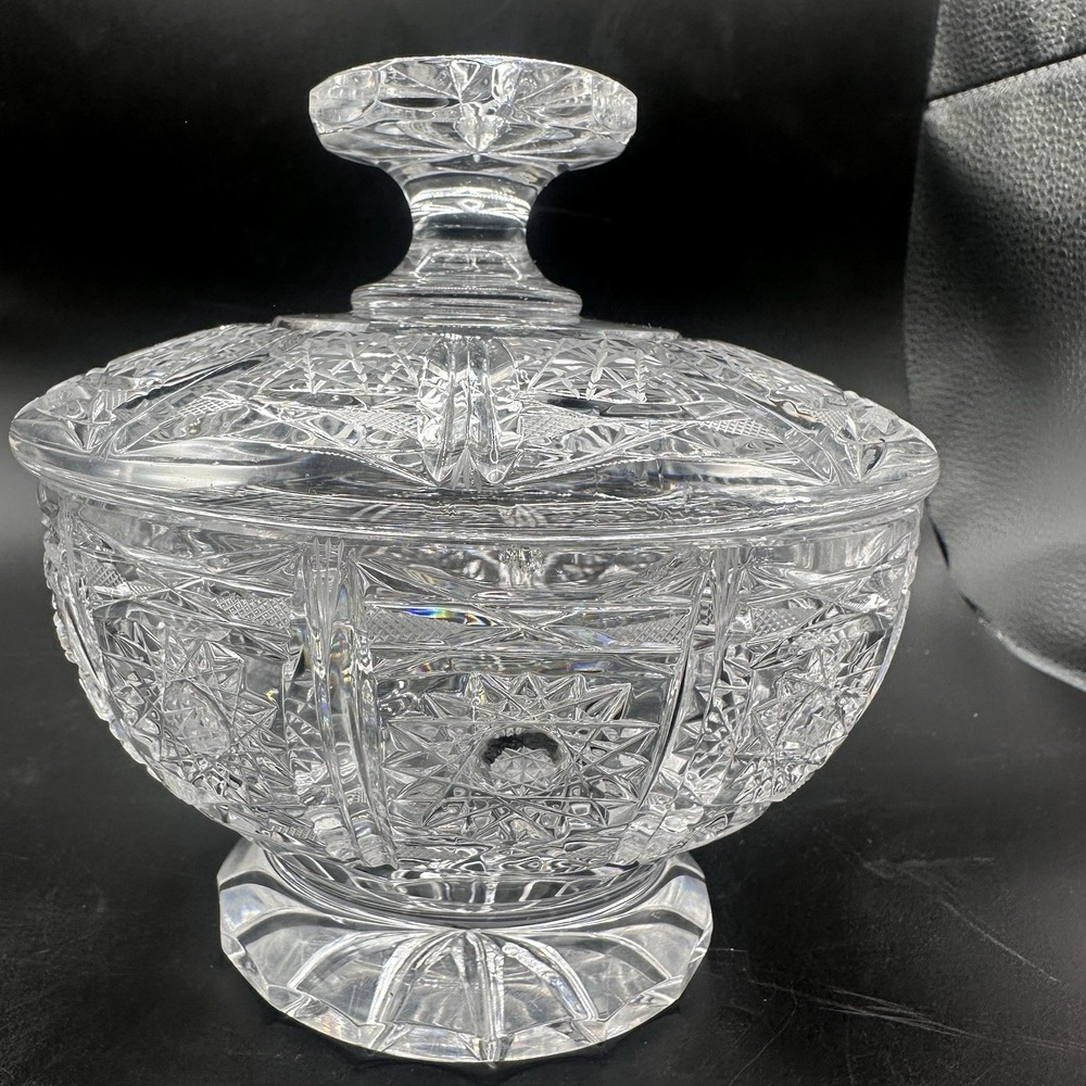 American Brilliant Cut Glass Candy‎ Dish With Lid Regency Sparkling